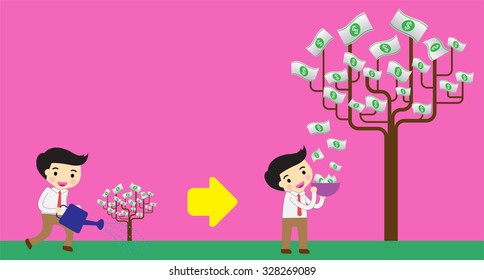 Businessman watering idea money tree. exuberant. vector illustration