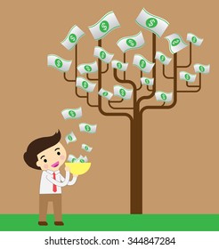 Businessman watering idea money tree. exuberant. vector illustration