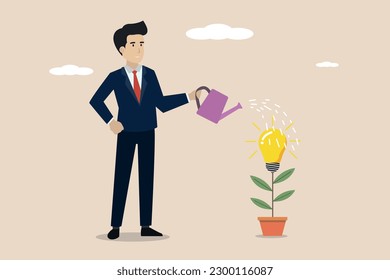 Businessman watering idea plant. Illustration of a businessman who takes good care of plants and after growing he gets what he planted.