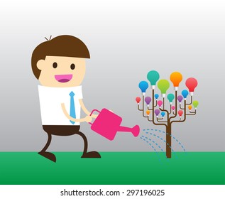 Businessman watering idea tree. exuberant. vector illustration