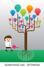 Businessman watering idea tree. exuberant. vector illustration