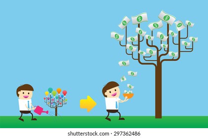 Businessman watering idea tree. exuberant. vector illustration