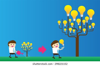 Businessman watering idea tree. exuberant. vector illustration