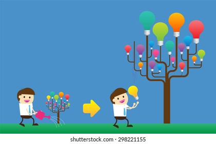 Businessman watering idea tree. exuberant. vector illustration