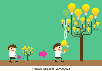 Businessman watering idea tree. exuberant. vector illustration. green background