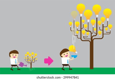 Businessman watering idea tree. exuberant. vector illustration. gray background