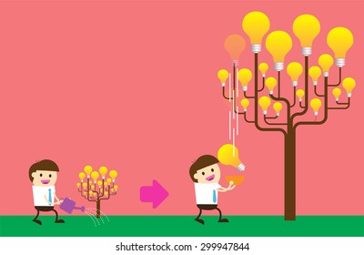 Businessman watering idea tree. exuberant. vector illustration. pink background