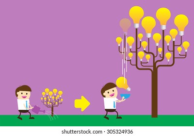 Businessman watering idea tree. exuberant. vector illustration. purple background