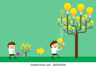 Businessman watering idea tree. exuberant. vector illustration. green background