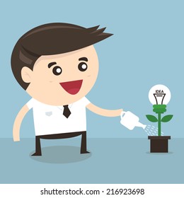 Businessman watering a light bulb idea plant, vector, flat design