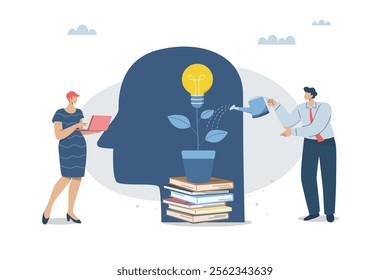 Businessman watering light bulb plant growing from book in shadow of human head, Skill training, Cultivating creativity and new ideas from learning, Ideas that grow from study and development.
