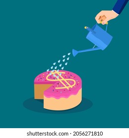 Businessman watering the money cake. profit share growth concept