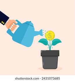 Businessman watering money coin tree. business growth tree concept.vector flat style illustration