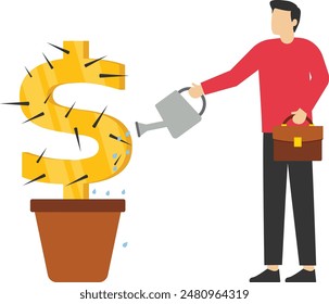Businessman watering a money flower. Cactus Flower in pot in form of dollar sign. Vector, Illustration, Flat

