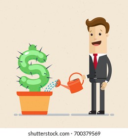 Businessman watering a money flower. Cactus Flower in pot in form of dollar sign.  Vector, Illustration, Flat