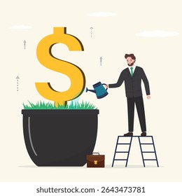 Businessman watering money flower. Plant in pot in form of dollar sign. Investment money grows in pot. Investor use watering can for increasing and growth business or income. flat concept illustration