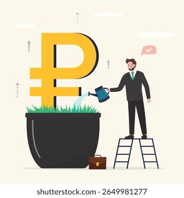 Businessman watering money flower. Plant in pot in form of Rouble sign. Investment money grows in pot. Investor use watering can for increasing and growth business in Russia. vector illustration