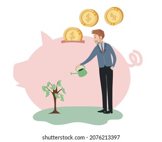 A businessman watering the money plant for growing investment concept. Growth investment concept. Good money management. Money tree and piggy bank. Isolated vector.