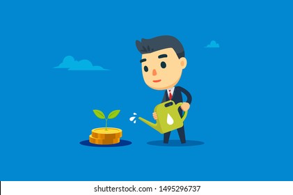 a businessman is watering money plants