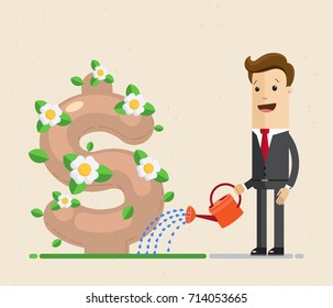 Businessman watering a money tree. Blooming tree in form of dollar sign. Vector, Illustration, Flat