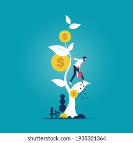 Businessman Watering The Money Tree For The Business And Financial Growth, Business Investment Profit, Revenue And Income Metaphor