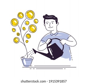 Businessman watering money tree from watering can. Finance, investment concept vector illustration