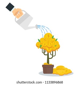 Businessman is watering a money tree. Concept of banks and finance, investment and revenue growth. Flat vector cartoon illustration. Objects isolated on a white background.