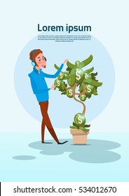 Businessman Watering Money Tree Finance Success Concept Flat Vector Illustration