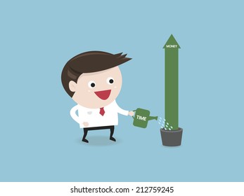 Businessman watering a money tree, flat design