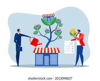 Businessman is watering money tree to grow franchise business. Increasing and growth business flat concept illustration.