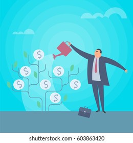 Businessman is watering money tree to grow business. Increasing and growth business flat concept illustration. Man with watering can pours money. Profit, income, improve business vector design element