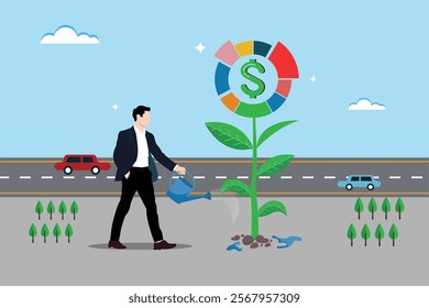 Businessman watering a money tree as an investment to grow dollar coins. Mutual funds or growth investments. The process of increasing wealth or income. Savings or wealth management.