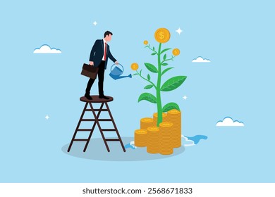 Businessman watering a money tree as an investment to grow dollar coins. Mutual funds or growth investments. The process of increasing wealth or income. Savings or wealth management.