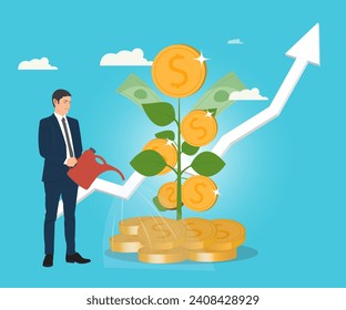 Businessman is watering the money tree to make the tree grow. Vector illustration, financial growth concept, finance or investment.