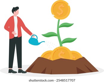 Hombre de negocios regando el símbolo del árbol del dinero, concepto de tasas de crecimiento de ganancias

