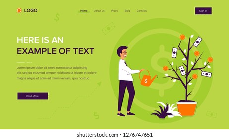 Businessman watering a money tree. Website template on green background. Home page layout. Vector illustration concepts for web and app development