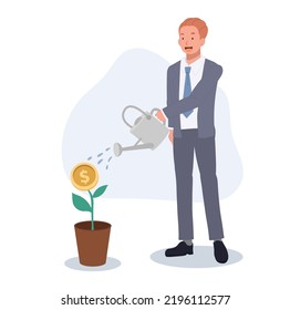 Businessman is watering plant with dollar money coin flower by watering can. profit investment concept. Vector illustration
