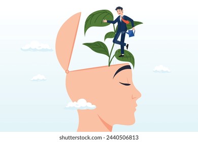 Businessman watering plant growing from his self head, self improvement, personal development or growth mindset, motivation to grow and achieve career success, learning new skill or knowledge (Vector)