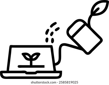 Businessman watering plant growing from laptop with copy space concept as A soft abstract image shows a businessman watering a small plant sprouting from a laptop keyboard symbolizing sustainability i