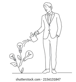 Businessman watering plant with light bulb. Hand drawn vector illustration. Black and white.