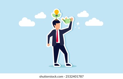 A businessman watering a plant with light bulb flowers above his head, illustration of maintaining ideas and innovations to stay relevant with market trends