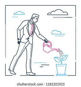Businessman watering the plant - line design style isolated illustration on white background. Metaphorical linear image of a young smart man with a pot, can. Business growth, startup concept