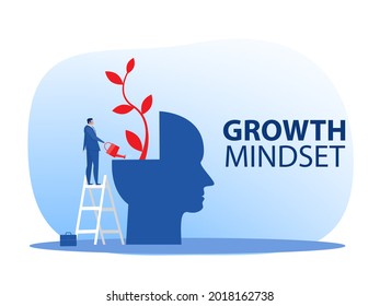 Businessman Watering Plants With Big Brain Growth Mindset Concept Vector