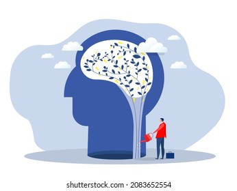 businessman Watering plants with big brain growth mindset concept vector