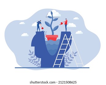 businessman Watering plants with big brain growth mindset concept vector