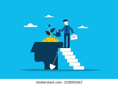 Businessman Watering Plants With Big Brain Growth Mindset Concept. . Positive Attitude To Learn New Knowledge Improve Creativity For Business Problem