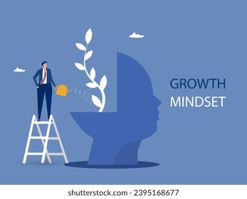 businessman Watering plants with big brain growth mindset concept vector illustrator.
