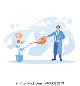Businessman watering plants symbolize a new business idea. Career growth concept. Growth Analysis Concept. Trend Modern vector flat illustration