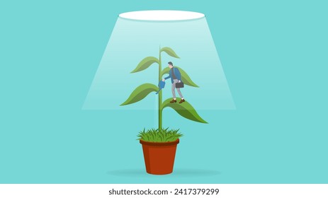 businessman watering plants so they can grow leads him to success, knowledge or creativity for career success and financial freedom, strategy or procedure to achieve business success