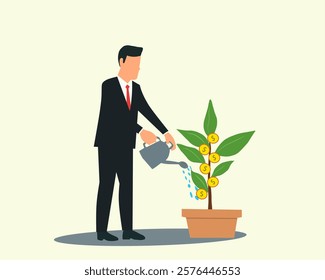 Businessman watering a potted money tree, symbolizing investment growth, financial nurturing, and wealth creation. Flat vector illustration on a light background